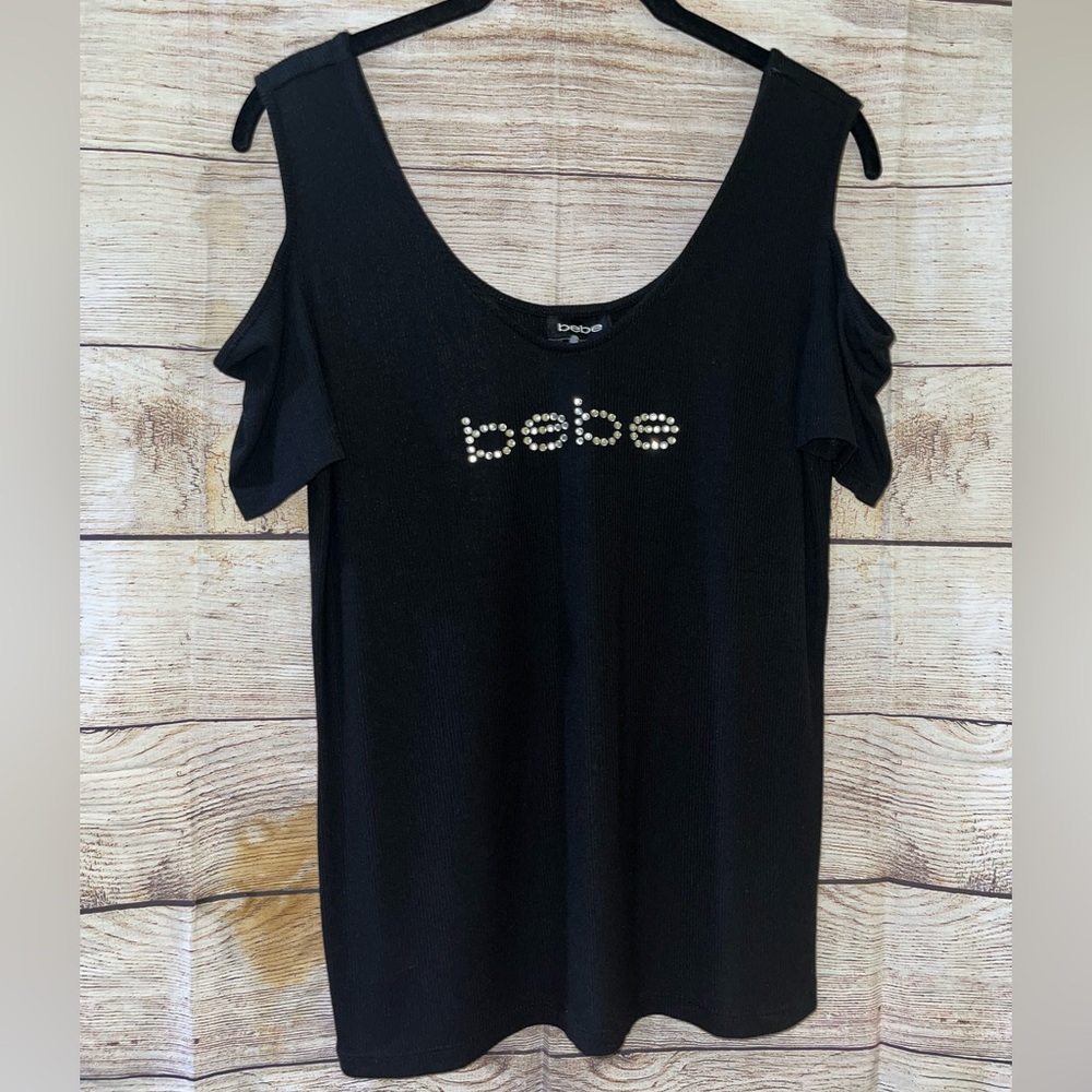 NWT Bebe Black Embellished Cold Shoulder Blouse Size Medium